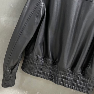 Chaqueta Bomber de Cuero Genuino Negro para Hombre, Cuello Alto, Cierre de Cremallera, Largo Regular, Estilo Motero, Resistente al Viento, para Otoño - Product Image 3