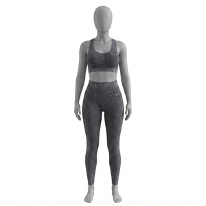 Women Charcoal Gray Acid Wash Yoga Set <b>Racerback</b> Sports <b>Bra</b> High Waist Leggings Gym Fitness Workout Activewear - Product Image 1