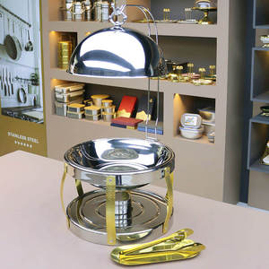 ถาดอุ่นอาหารแบบพรีเมียมเคลือบลายหินอ่อน พร้อมตกแต่งด้วยสีทอง ทรงกลม หรูหรา สำหรับบุฟเฟ่ต์ พร้อมฝาปิดแบบเสาและตะขอเกี่ยวอย่างสวยงาม - Product Image 5