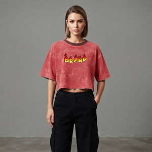 OEM Personnalisé 100% Coton 220 GSM Écologique Respirant Confortable Coupe Classique Décontracté d'été Crop Appliques Lavé Streetwear - Product Image 5