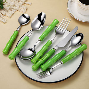 Ensemble de couverts en acier inoxydable 304 avec manche en bambou épais, couteau, fourchette, cuillère, ensemble de vaisselle en bambou vert - Product Image 1