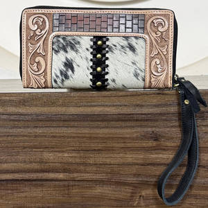 Cartera de mano de cuero genuino hecha a mano con diseño de gato, monedero de piel de vaca con cremallera, bolso de mano elegante de cuero repujado para mujer, regalo - Product Image 5