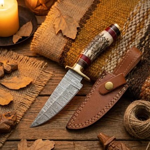 Couteau de chasse artisanal en acier Damas avec manche en corne de cerf, avec étui, lame fixe, personnalisable, OEM, survie, tactique - Product Image 4