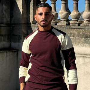Sweat à capuche tricoté pour homme, couleur marron, manches raglan, col rond, coupe classique, vêtement d'hiver décontracté, 100% coton, molleton de coton - Product Image 1