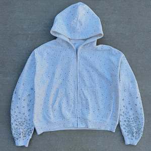 Sudadera con capucha y cremallera con pedrería blanca, de forro polar grueso, 100% algodón, color liso, antiarrugas, unisex, estilo urbano, ropa exterior - Product Image 5