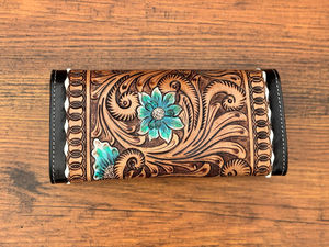 Cartera con solapa de cuero para mujer, Cartera de cuero cosida a mano auténtica, cartera para tarjetas de crédito, cartera de mano occidental Buck Stitch - Product Image 5