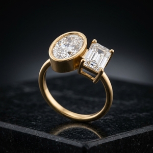 Anillo de compromiso con dos piedras, con diamante cultivado en laboratorio de corte esmeralda ovalado engastado en bisel y corte de púas, en oro amarillo. - Product Image 3