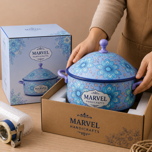 Casserole en acier émaillé bleu floral de qualité supérieure Marvel Handicrafts avec couvercle, pot isotherme pour servir des aliments chauds, ustensile de cuisine durable - Product Image 4