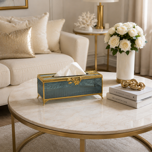 Luxury Blue Glass Tissue <b>Box</b> Holder Decorative <b>Vanity</b> Tissue Case Gold Metal Frame Home Office Hotel Tabletop Organizer Decor - Product Image 5