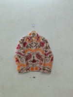 Blouson bomber pour femme brodé de fleurs, col montant, manches trois quarts, broderie à la main, coton tricoté, printemps, automne, hiver