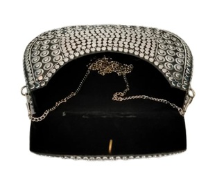 Round <b>Silver</b> Plated Metal <b>Clutch</b> Bag With Colorful Enamel Flower Design Chain Strap - Product Image 5