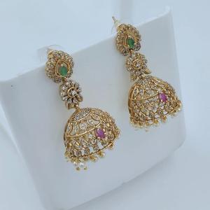 18K Gold Plated Brass <b>Hook</b> Hoop <b>Earrings</b>-Ethnic Vintage Pota Stone and Pearl Jhumki - Product Image 1