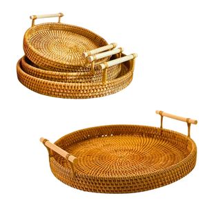 Plateau en rotin tissé à la main, panier de rangement pour fruits avec poignées, cadeau, produit artisanal écologique - Product Image 1