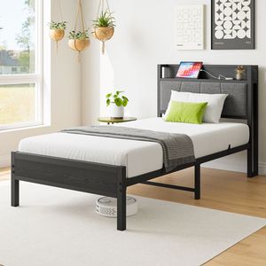 Twin Size <b>Bed</b> Frame with Storage Headboard Up-Holstered & Charging Station Solid & Stable No Box Spring Needed <b>Easy</b> Assembly - Product Image 1