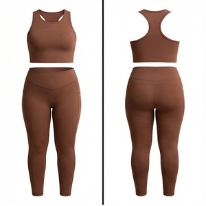 Ensemble de yoga 2 pièces marron : Leggings taille haute longueur intégrale et crop top dos nageur sans couture – Tenue de sport pour femme - Product Image 1