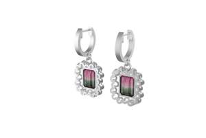 Boucles d'oreilles pendantes en tourmaline pastèque or 14 carats, taille émeraude, bijoux fins de luxe, élégantes, cadeau pour femme - Product Image 3