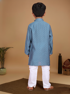 Ensemble kurta bleu pour garçons, vêtements ethniques traditionnels, tenue de fête pour enfants, kurta longue, pyjama blanc, vêtements d'été confortables pour enfants - Product Image 2