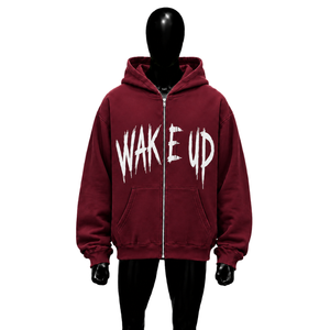 Sudadera con capucha oversize color granate con cremallera para hombre, diseño gráfico personalizado Wake Up, estilo urbano, forro polar grueso, unisex, informal. - Product Image 1