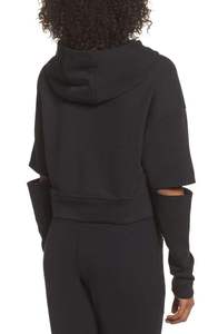 Sudadera con capucha negra para mujer con mangas recortadas, estilo holgado, productos/proveedores de Pakistán, sudaderas con capucha personalizadas de manga larga - Product Image 2