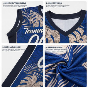 Ensemble de maillot de basket-ball personnalisé bleu à feuilles tropicales, sublimé, col en V, sans manches, uniforme de basket-ball unisexe pour équipe - Product Image 6