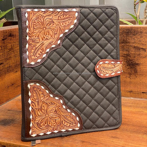 New Design Hand Tooled Quilted Leather Business Portable <b>A4</b> Size <b>Portfolio</b> Folder Custom Cowhide Leather Zippered 3 Ring Binders - Product Image 5