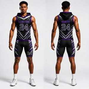 7v7 Football Compression Suit Purple Geometric Sublimation Sleeveless Hoody <b>Shorts</b> Quick Dry <b>Technical</b> Fabric Team Uniform - Product Image 1