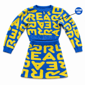 Ensemble deux pièces tricoté Cosh International Sisterhood Sorority, imprimé lettres bleu et jaune, haut court à col rond et fermeture éclair, longueur au-dessus du genou - Product Image 1