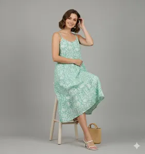 Floral Print Spaghetti Strap Midi <b>Dress</b> With Tiered Hem <b>Loose</b> A-Line Boho Style Summer Casual <b>Dress</b> For Women - Product Image 2