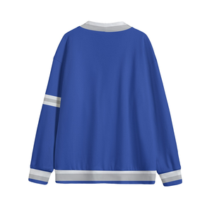 Cardigan en molleton épais bleu roi et blanc, style universitaire décontracté, col en V, fermeture boutonnée, tricot rétro, essentiel hiver streetwear - Product Image 3