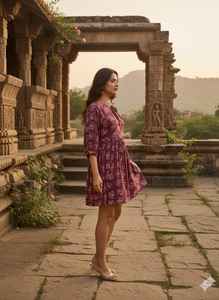 Robe midi en coton imprimé numérique à motifs floraux marron, tunique d'été pour femme, col en V, style ethnique bohème, robe indienne naturelle lavable - Product Image 4