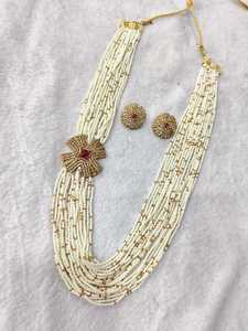 Classic Long Multi-Layered Brass Antique Gold Plated Imitation Pearl & Pink Stone Bridal <b>Wedding</b> <b>Necklace</b> <b>Set</b> - Product Image 4