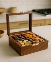 Boîte à fruits secs en bois poli de qualité supérieure, édition VIP, couvercle en verre, 4 compartiments, taille personnalisée, organisateur de collations, cadeau, écologique, artisanal
