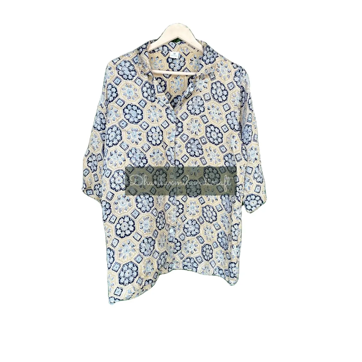 Ajrakh Modal Silk Shirts Summer Hand Block Print Short Sleeves Top For Women Casual Boho Hippies Style For Beach Wear