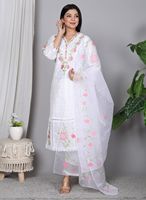 NIYANI Kurta Katun Putih Tradisional Musim Panas Cepat Kering Anti Kusut Regular Fit Sepasang Salwar Kameez Wanita untuk Diwali Pernikahan