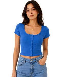 Top Corto de Punto Acanalado Azul Rey Personalizado para Mujer, Manga Corta, Cierre de Botones Delanteros, Corte Ajustado, Cuello Cuadrado, Blusa Informal de Verano de Algodón - Product Image 1
