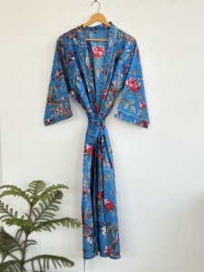 Shyam Export – Kebaya pour femmes adultes, imprimé floral bleu, manches longues, col châle, tenue ethnique quotidienne, coupe ample, longueur midi, en coton, toutes saisons - Product Image 1