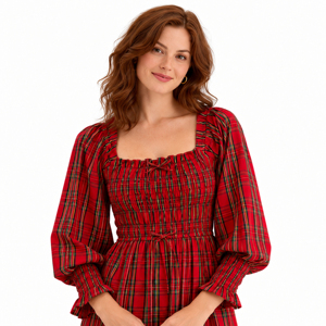 Vestido midi casual de mujer, rojo a cuadros, cuello cuadrado, vintage, manga abullonada, cintura fruncida, corte en A, 100% algodón tejido - Product Image 4