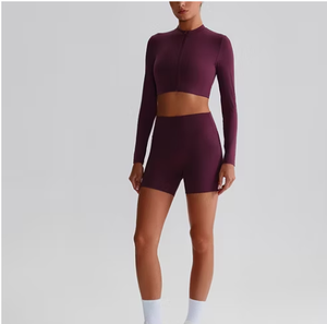 Women Solid Color Seamless Yoga Sports Bra Set Medium <b>Support</b> Long Sleeve <b>Crop</b> <b>Top</b> With High Waist Shorts For Workout - Product Image 2