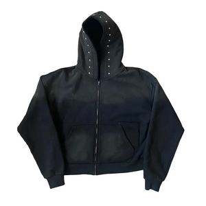 Sweat à capuche zippé oversize vintage délavé à l'acide, broderie 3D en relief, style gothique streetwear, pour homme - Product Image 6