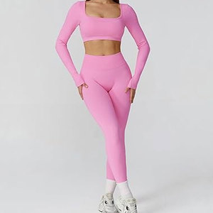 Ensembles de sport pour femmes, haut court à manches longues et dos ouvert, leggings taille haute, ensembles de survêtement pour l'entraînement, ensembles de yoga 2 pièces, tenues athlétiques - Product Image 2