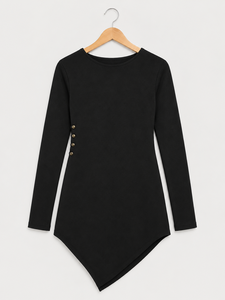 Débardeur côtelé noir asymétrique à manches longues en coton, coupe ajustée, avec détails boutonnés sur le côté, respirant pour un usage décontracté - Product Image 1