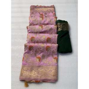 TRENDING GEORGETTE SEDA MEENAKARI TRABAJO SAREE CON BLUSA DESCOSTADA ROSA CLARO - Product Image 1