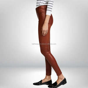 Pantalon slim plat respirant en similicuir marron à la mode taille haute coupe ajustée conception extensible longueur cheville Moto Biker pour les femmes - Product Image 4