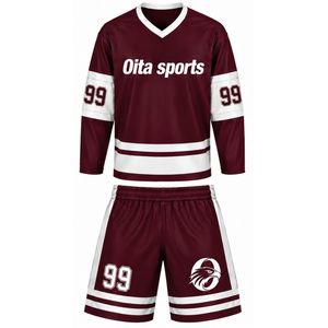 Conjunto de Hockey sobre Hielo Sublimado Color Borgoña para Hombre, Jersey y Pantalones Cortos de Poliéster a Rayas, Uniforme Deportivo Ligero para Competencia de Equipo - Product Image 1
