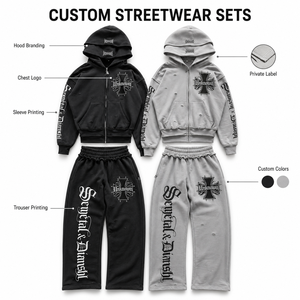 Custom Logo Heavyweight Cotton French Terry Distressed <b>Zip</b> Hoodie Wide Leg Sweatpants Oversized Unisex Streetwear Tracksuit Sets - Product Image 3