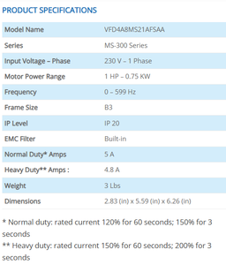 ไดรฟ์ปรับความถี่เดลต้า MS300 VFD4A8MS21AFSAA เฟสเดียว 200~240V 0.75KW - Product Image 2