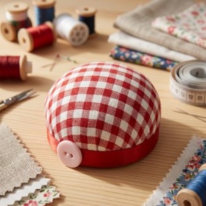 AA0279 Wrist <b>Pin</b> Cushion | Hand <b>Sewing</b> Accessories| Red White Checkered Round <b>Pin</b> Cushion With Button <b>Sewing</b> Accessory - Product Image 6