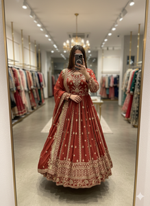 Robe de soirée haut de gamme en faux georgette avec broderie riche en sequins, manches longues, pantalon en soie beurrée et dupatta (UW 8028) DC - Product Image 6