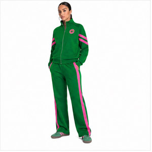 Conjunto Deportivo de Felpa para Mujer, Verde y Rosa a Rayas, Manga Larga, Corte Holgado, para Todas las Temporadas, 2 Piezas - Product Image 5