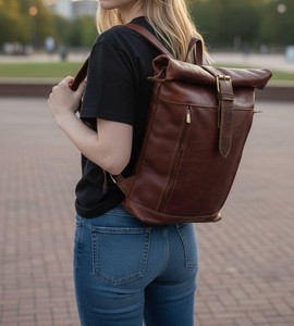 Expandable Volume Leather <b>Roll</b> Top <b>Backpack</b> Flexible Rucksack For Weekend Getaways Large Travel Bag LRTB-0153B - Product Image 4